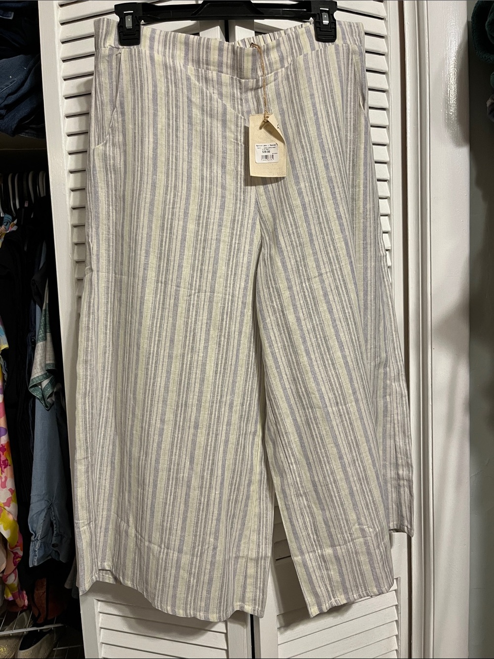 Easel Cropped Wide-Leg Striped Pants in Cream, Blue, and Yellow